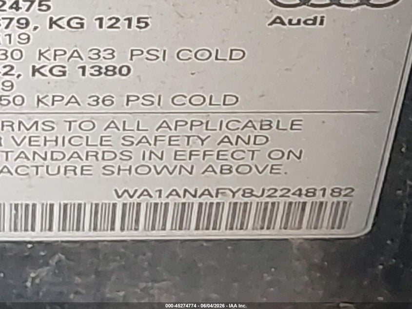 2018 Audi Q5 VIN WA1ANAFY8J2248182 IAAI salvage auction — FRONT & REAR, Mv-907A (New York), sold $6,100 on 2026-07-28 (photo 9)