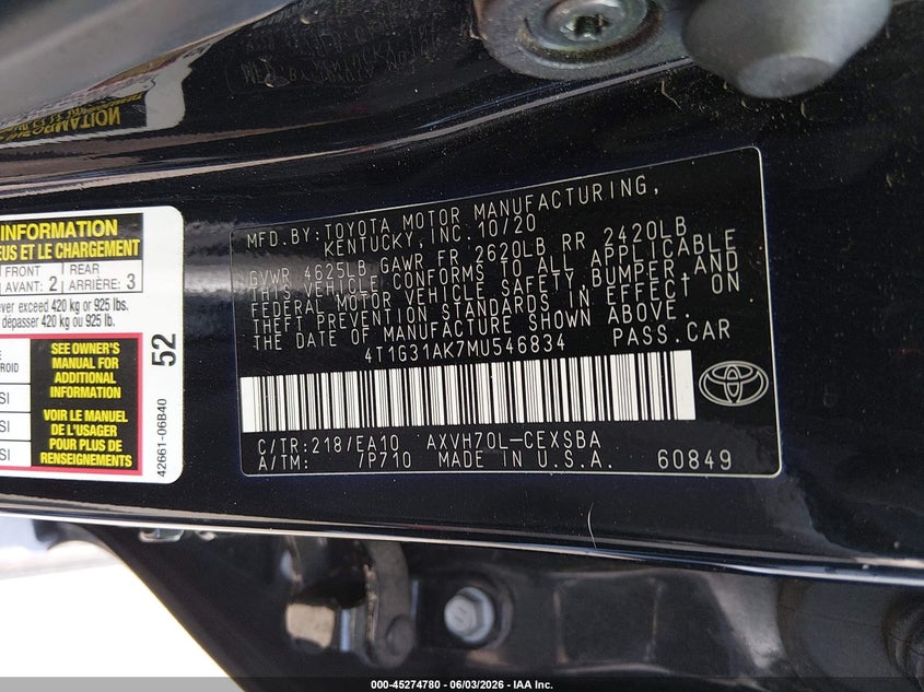 2021 Toyota Camry VIN 4T1G31AK7MU546834 IAAI salvage auction — FRONT & REAR, Salvage Title, sold $5,500 on 2026-07-19 (photo 9)