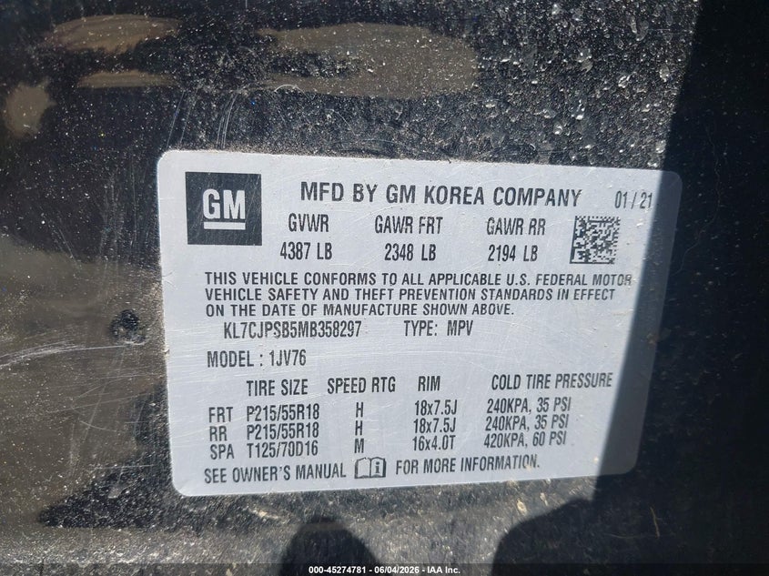2021 Chevrolet Trax VIN KL7CJPSB5MB358297 IAAI salvage auction — RIGHT FRONT, Salvage Title, sold $1,250 on 2026-07-10 (photo 9)