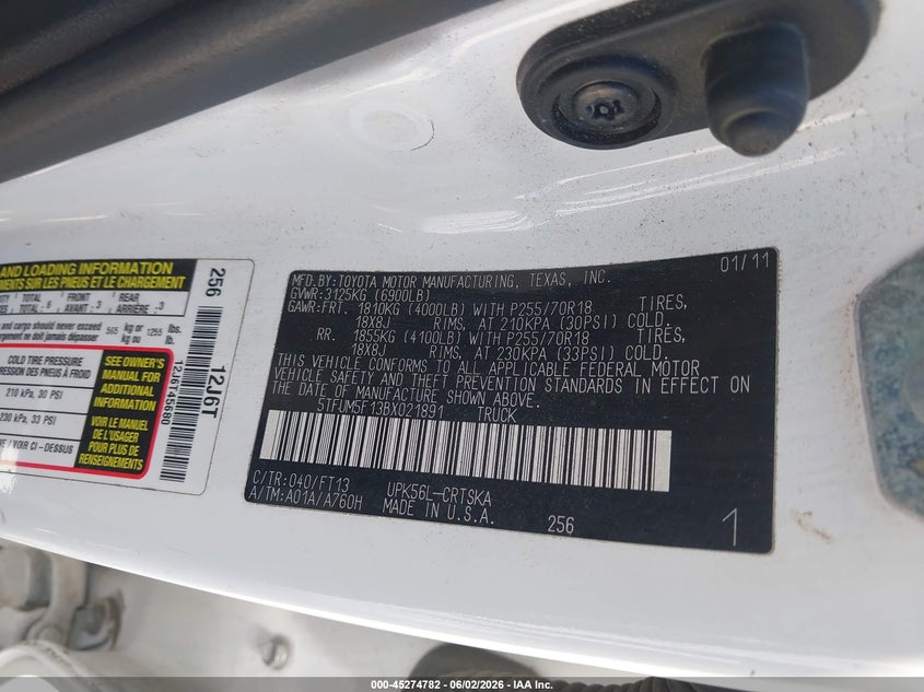 2011 Toyota Tundra VIN 5TFUM5F13BX021891 IAAI salvage auction — FRONT END, Junk Bill Of Sale Mv2459 (Wisconsin), sold $1,425 on 2026-07-21 (photo 9)