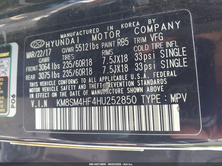 2017 Hyundai Santa fe VIN KM8SM4HF4HU252850 IAAI salvage auction — LEFT & RIGHT, Salvage Title, sold $2,150 on 2026-07-29 (photo 9)