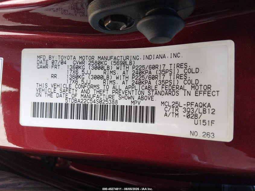 2004 Toyota Sienna VIN 5TDBA22C54S025388 IAAI salvage auction — FRONT END, Salvage (New Jersey), sold $725 on 2026-07-20 (photo 9)