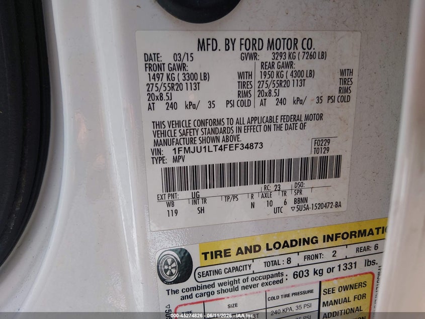 2015 Ford Expedition VIN 1FMJU1LT4FEF34873 IAAI salvage auction — WATER/FLOOD, Salvage (Louisiana), sold $850 on 2026-07-29 (photo 9)
