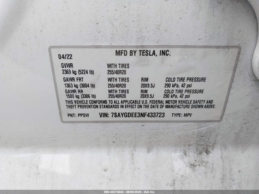 2022 Tesla Model y VIN 7SAYGDEE3NF433723 IAAI salvage auction — FRONT & REAR, Salvage Title, sold $8,775 on 2026-07-14 (photo 9)