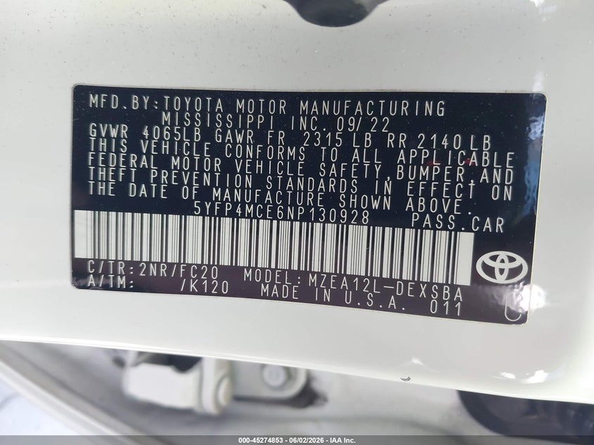 2022 Toyota Corolla VIN 5YFP4MCE6NP130928 IAAI salvage auction — FRONT END, Salvage Title, sold $2,150 on 2026-07-08 (photo 9)