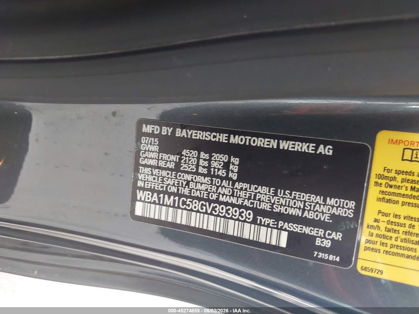 2016 BMW M2 VIN WBA1M1C58GV393939 IAAI salvage auction — FRONT END, Salvage Title, sold $3,775 on 2026-07-08 (photo 9)