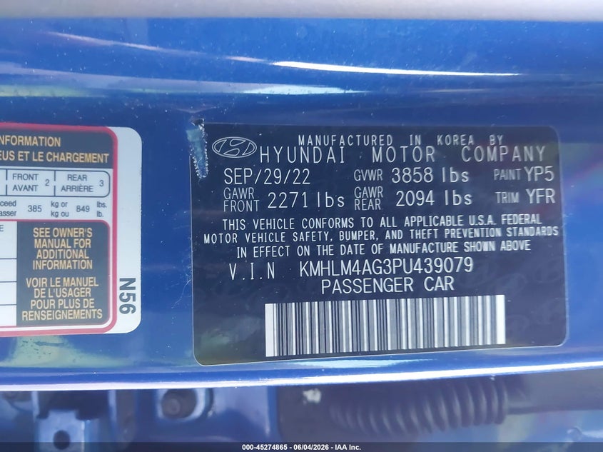 2023 Hyundai Elantra VIN KMHLM4AG3PU439079 IAAI salvage auction — RIGHT SIDE, Salvage Title, sold $4,300 on 2026-07-29 (photo 9)