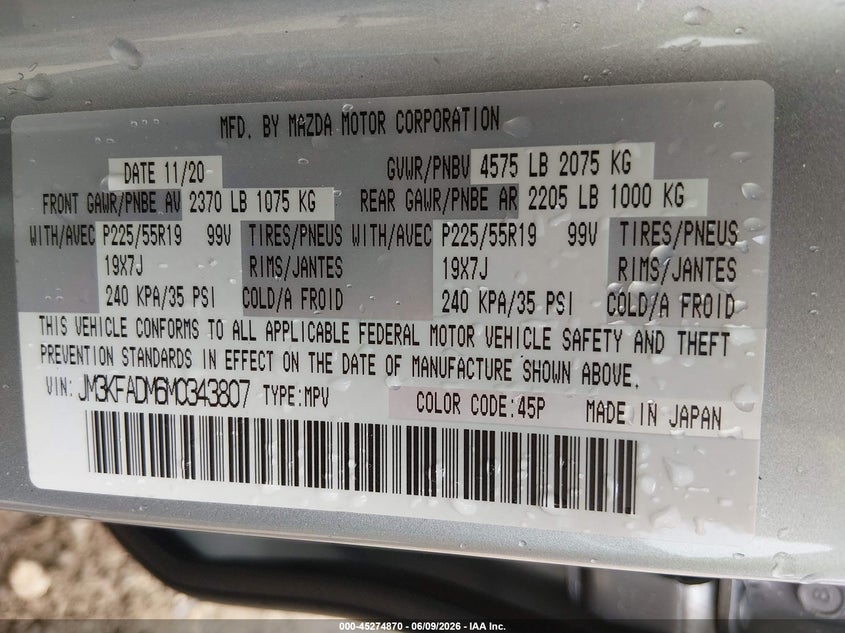 2021 Mazda Cx-5 VIN JM3KFADM6M0343807 IAAI salvage auction — FRONT END, Salvage Title, sold $6,175 on 2026-07-16 (photo 9)