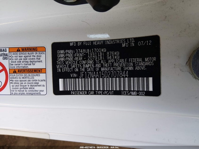 2013 Scion Fr-s VIN JF1ZNAA15D2707844 IAAI salvage auction — REAR END, Salvage Title, sold $3,975 on 2026-07-14 (photo 9)