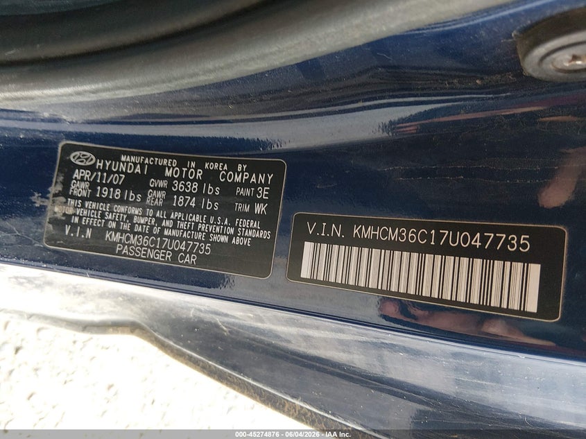 2007 Hyundai Accent VIN KMHCM36C17U047735 IAAI salvage auction — RIGHT FRONT, Clear (Montana), sold $375 on 2026-07-18 (photo 9)