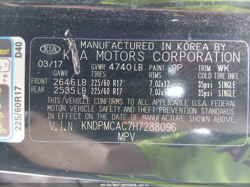2017 Kia Sportage VIN KNDPMCAC7H7288096 IAAI salvage auction — FRONT END, Salvage (West Virginia), sold $2,200 on 2026-07-16 (photo 9)
