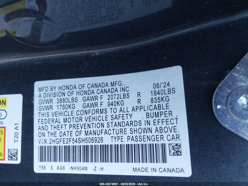 2025 Honda Civic VIN 2HGFE2F54SH506926 IAAI salvage auction — FRONT END, Salvage Title, sold $10,200 on 2026-07-30 (photo 9)