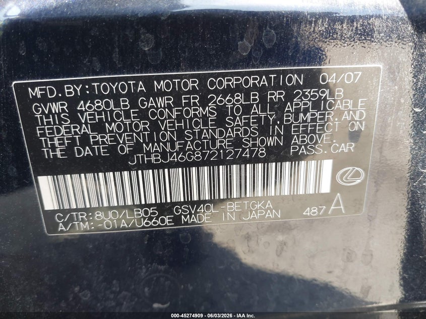 2007 Lexus Es 350 VIN JTHBJ46G872127478 IAAI salvage auction — FRONT END, Salvage (California), sold $775 on 2026-07-15 (photo 9)