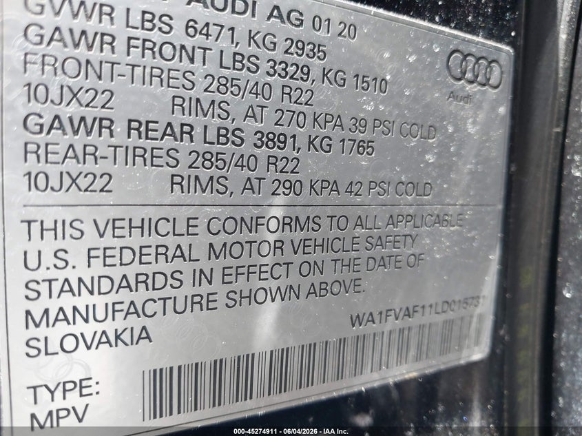 2020 Audi Q8 VIN WA1FVAF11LD015731 IAAI salvage auction — SIDE, Salvage (Wisconsin), sold $15,000 on 2026-07-10 (photo 9)