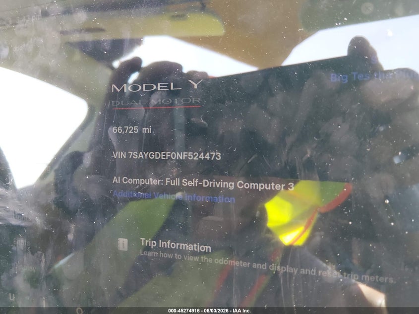 2022 Tesla Model y VIN 7SAYGDEF0NF524473 IAAI salvage auction — RIGHT REAR, Salvage Title, sold $5,600 on 2026-07-23 (photo 7)