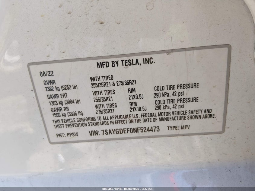 2022 Tesla Model y VIN 7SAYGDEF0NF524473 IAAI salvage auction — RIGHT REAR, Salvage Title, sold $5,600 on 2026-07-23 (photo 9)