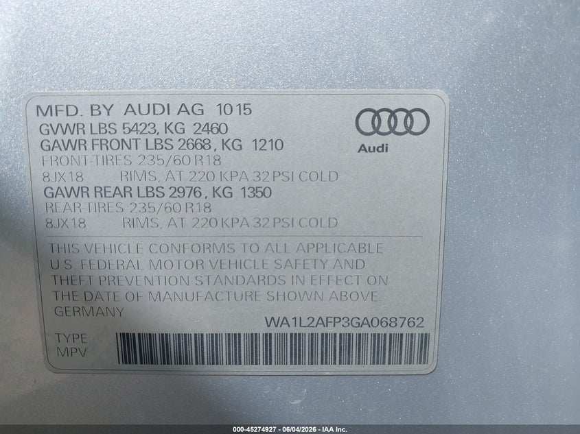 2016 Audi Q5 VIN WA1L2AFP3GA068762 IAAI salvage auction — FRONT END, Salvage Title, sold $2,400 on 2026-07-07 (photo 9)