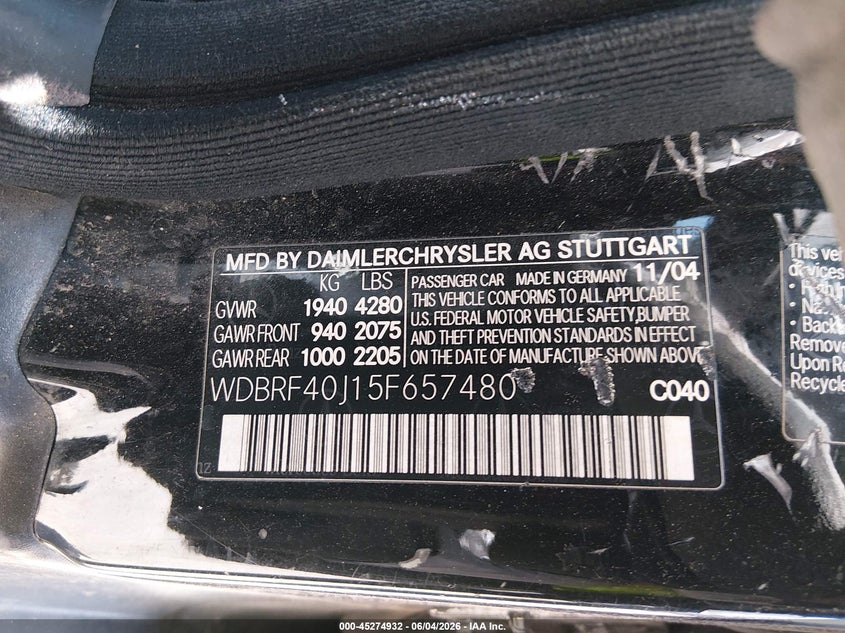 2005 Mercedes-benz C-klasse VIN WDBRF40J15F657480 IAAI salvage auction — LEFT SIDE, Salvage (Texas), sold $250 on 2026-07-22 (photo 9)