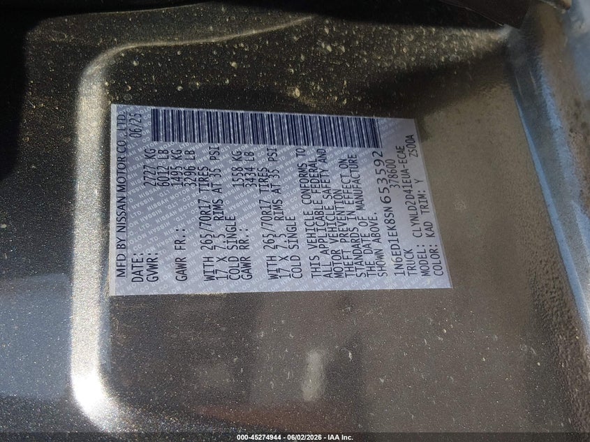 2025 Nissan Navara (frontier) VIN 1N6ED1EK8SN653592 IAAI salvage auction — FRONT END, Salvage Title, sold $9,200 on 2026-07-09 (photo 9)