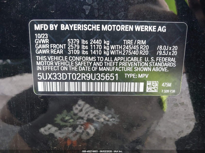 2024 BMW X4 VIN 5UX33DT02R9U35651 IAAI salvage auction — FRONT END, Salvage Title, sold $20,500 on 2026-07-09 (photo 9)