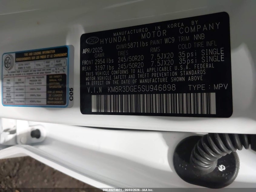 2025 Hyundai Palisade VIN KM8R3DGE5SU946898 IAAI salvage auction — EXTERIOR BURN, Salvage Title, sold $25 on 2026-07-30 (photo 9)