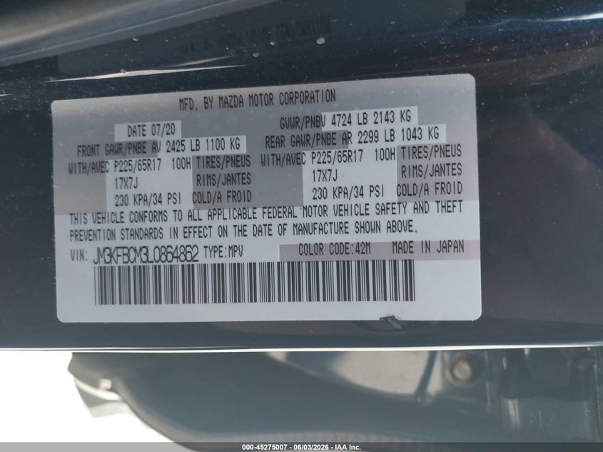 2020 Mazda Cx-5 VIN JM3KFBCM3L0864862 IAAI salvage auction — FRONT END, Mv-907A (New York), sold $5,000 on 2026-07-30 (photo 9)