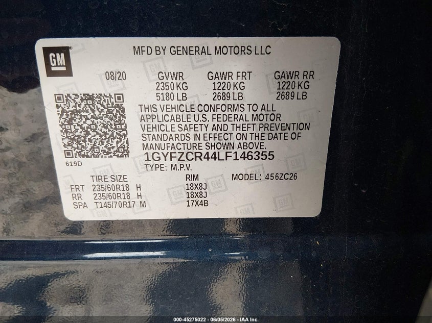 2020 Cadillac Xt4 VIN 1GYFZCR44LF146355 IAAI salvage auction — FRONT END, Salvage Title, sold $4,000 on 2026-07-27 (photo 9)