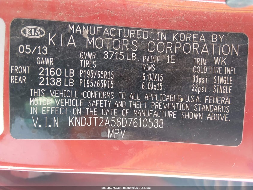 2013 Kia Soul VIN KNDJT2A56D7610533 IAAI salvage auction — NORMAL WEAR, Clear (Nevada), sold $650 on 2026-07-10 (photo 9)