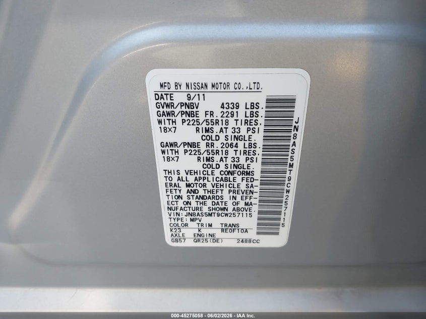 2012 Nissan Rogue VIN JN8AS5MT9CW257115 IAAI salvage auction — LEFT FRONT, Salvage (California), sold $600 on 2026-07-30 (photo 9)