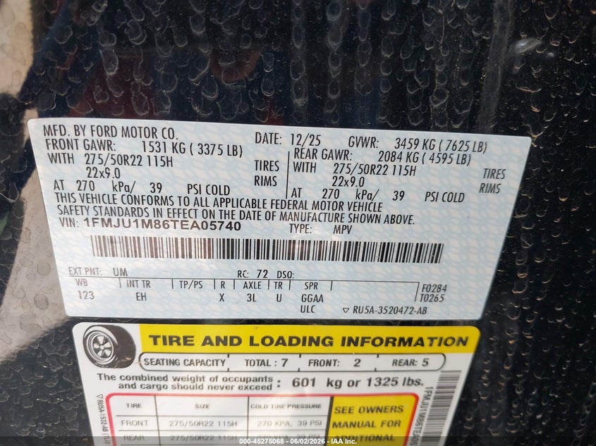 2026 Ford Expedition VIN 1FMJU1M86TEA05740 IAAI salvage auction — FRONT END, Enterprise Vehicles Clear Only (Virginia), sold $48,750 on 2026-07-28 (photo 9)
