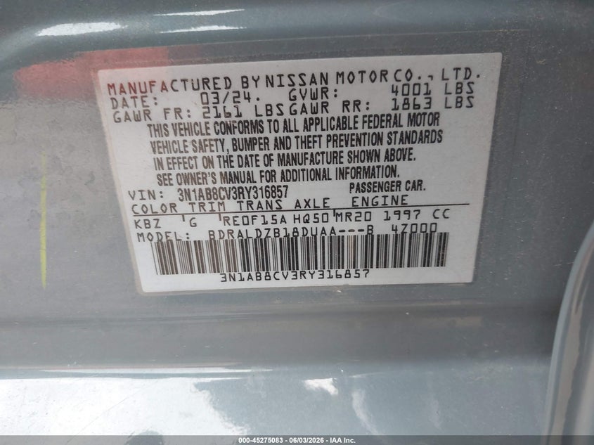 2024 Nissan Sentra VIN 3N1AB8CV3RY316857 IAAI salvage auction — REAR END, Salvage Title, sold $8,650 on 2026-08-19 (photo 9)