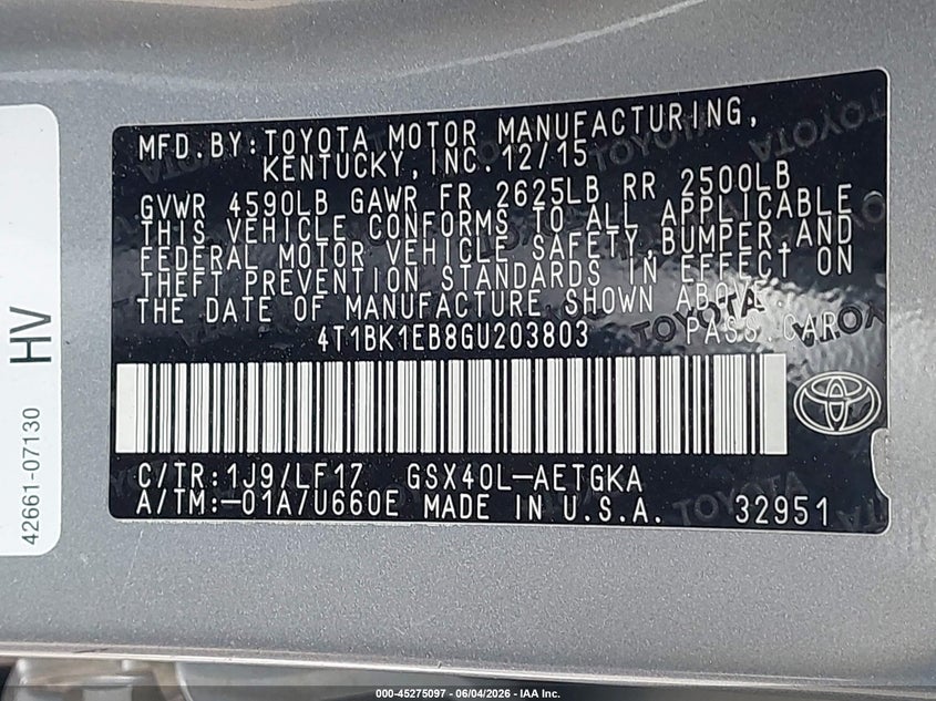 2016 Toyota Avalon VIN 4T1BK1EB8GU203803 IAAI salvage auction — SIDE, Salvage Title, sold $1,350 on 2026-07-09 (photo 9)