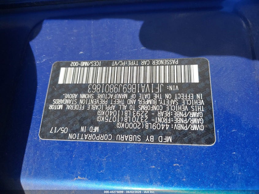 2018 Subaru Wrx VIN JF1VA1B69J9801863 IAAI salvage auction — UNKNOWN, Salvage Title, sold $3,025 on 2026-07-16 (photo 9)