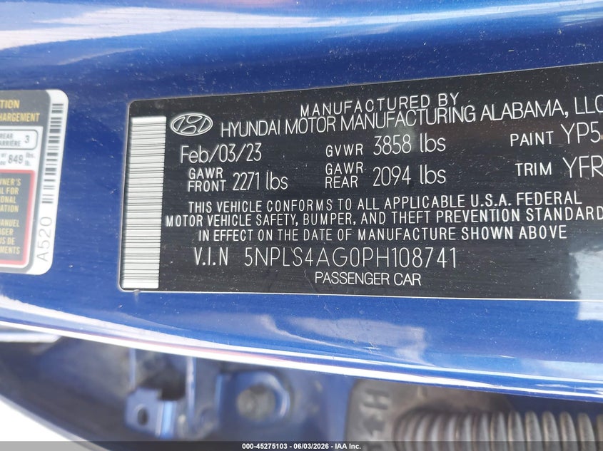 2023 Hyundai Elantra VIN 5NPLS4AG0PH108741 IAAI salvage auction — FRONT END, Salvage Title, sold $2,350 on 2026-07-23 (photo 9)