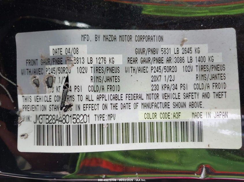 2008 Mazda Cx-9 VIN JM3TB28A480158201 IAAI salvage auction — RIGHT REAR, Salvage (Georgia), sold $375 on 2026-07-15 (photo 9)