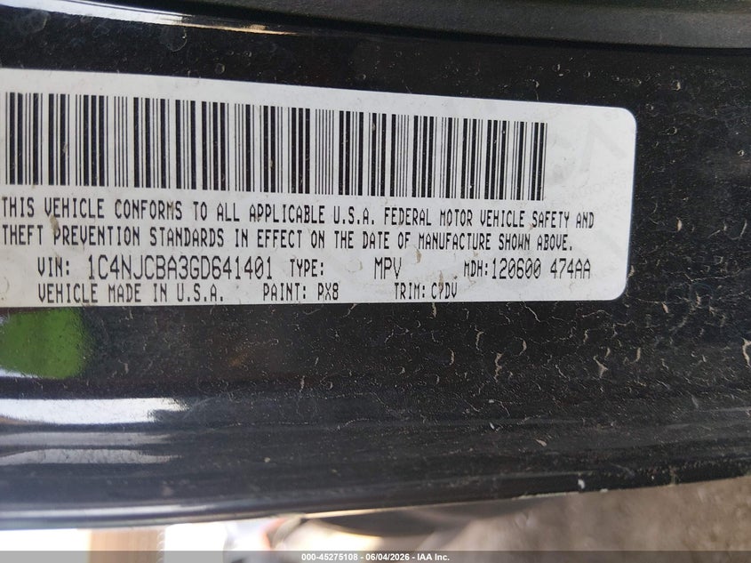 2016 Jeep Compass VIN 1C4NJCBA3GD641401 IAAI salvage auction — FRONT END, Salvage Title, sold $1,550 on 2026-07-05 (photo 9)