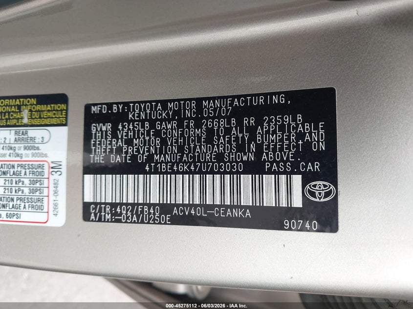2007 Toyota Camry VIN 4T1BE46K47U703030 IAAI salvage auction — FRONT END, Salvage (California), sold $525 on 2026-07-18 (photo 9)