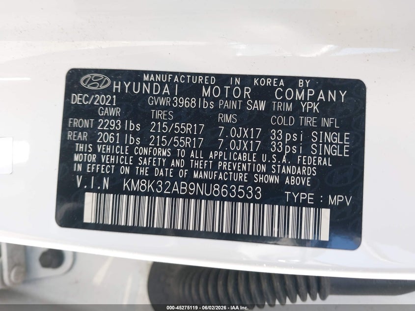 2022 Hyundai Kona VIN KM8K32AB9NU863533 IAAI salvage auction — SIDE, Salvage Title, sold $4,250 on 2026-08-01 (photo 9)