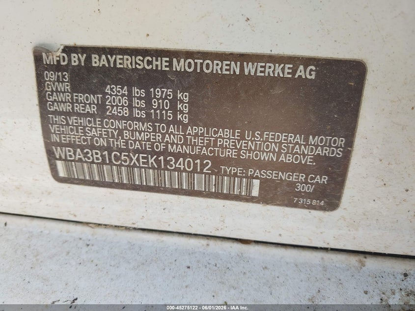 2014 BMW VIN WBA3B1C5XEK134012 IAAI salvage auction — NORMAL WEAR, Salvage Title, sold $325 on 2026-07-17 (photo 9)
