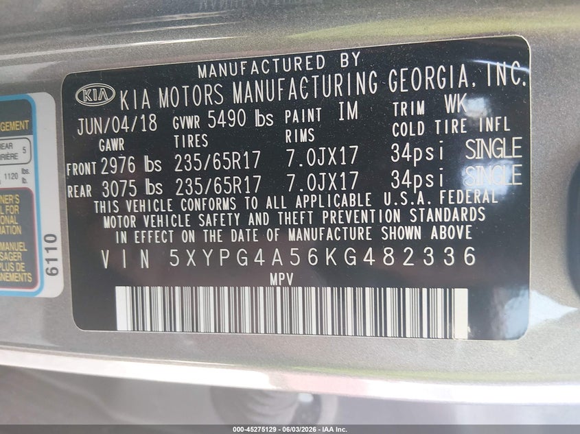 2019 Kia Sorento VIN 5XYPG4A56KG482336 IAAI salvage auction — RIGHT FRONT, Salvage Title, sold $1,850 on 2026-07-22 (photo 9)