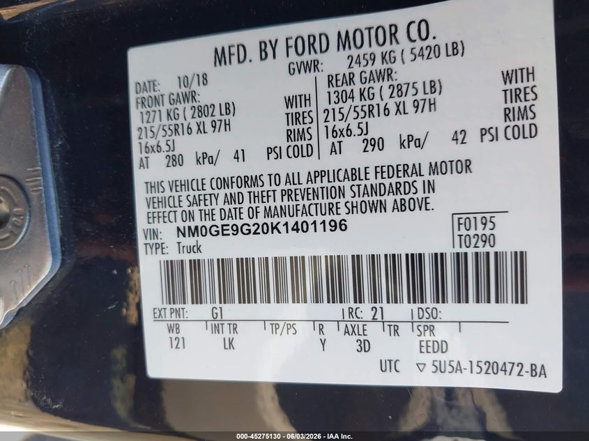 2019 Ford Transit VIN NM0GE9G20K1401196 IAAI salvage auction — FRONT END, Salvage (Georgia), sold $3,450 on 2026-07-29 (photo 9)
