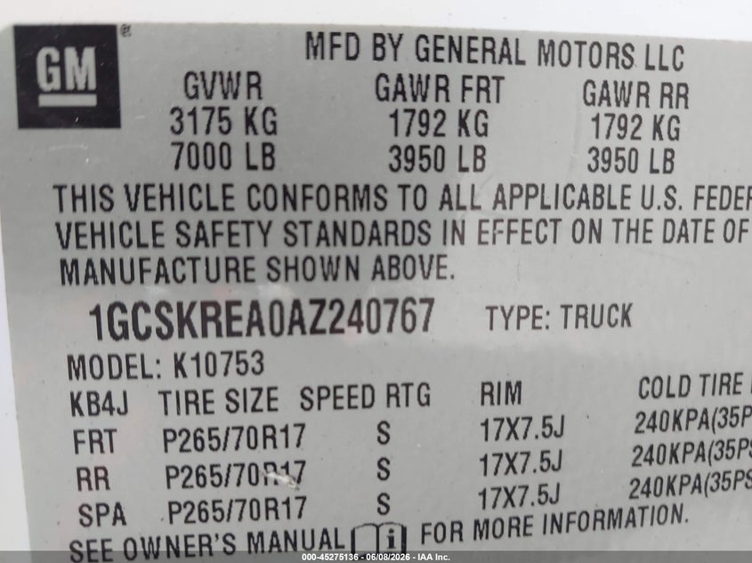 2010 Chevrolet Silverado 1500 VIN 1GCSKREA0AZ240767 IAAI salvage auction — LEFT SIDE, Salvage (Arkansas), sold $1,650 on 2026-08-03 (photo 9)