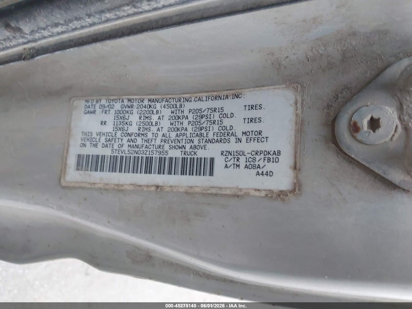 2003 Toyota Tacoma VIN 5TEVL52N03Z157955 IAAI salvage auction — NO DAMAGE, Salvage (Idaho), sold $600 on 2026-07-07 (photo 9)