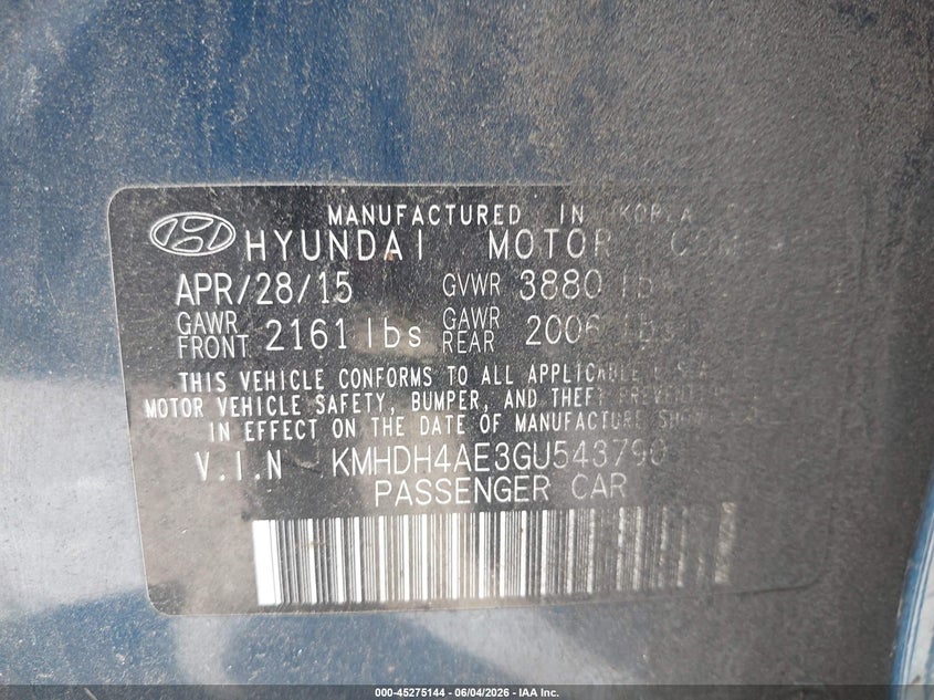 2016 Hyundai Elantra VIN KMHDH4AE3GU543790 IAAI salvage auction — REAR END, Salvage Title, sold $475 on 2026-07-21 (photo 9)