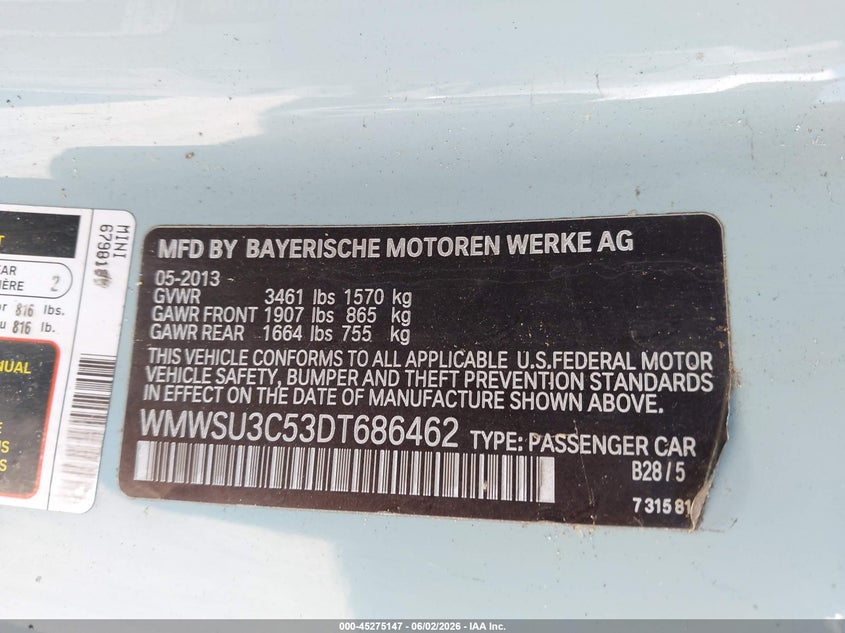 2013 Mini Hard top VIN WMWSU3C53DT686462 IAAI salvage auction — NORMAL WEAR, Clear (Washington), sold $375 on 2026-07-29 (photo 9)