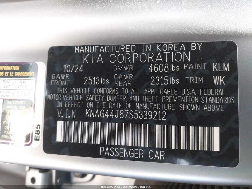 2025 Kia K5 VIN KNAG44J87S5339212 IAAI salvage auction — LEFT FRONT, Salvage Title, sold $16,850 on 2026-07-20 (photo 9)