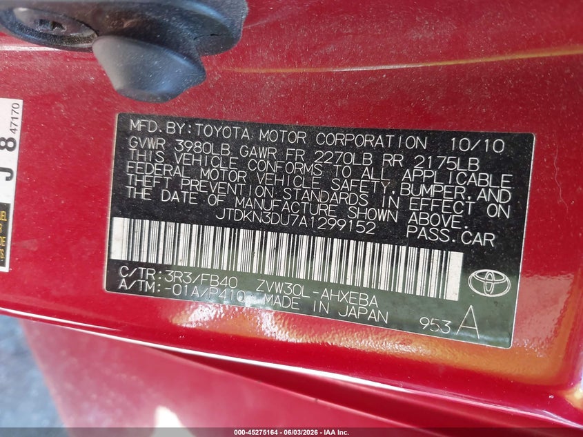 2010 Toyota Prius VIN JTDKN3DU7A1299152 IAAI salvage auction — REAR END, Mv-907A (New York), sold $975 on 2026-07-07 (photo 9)