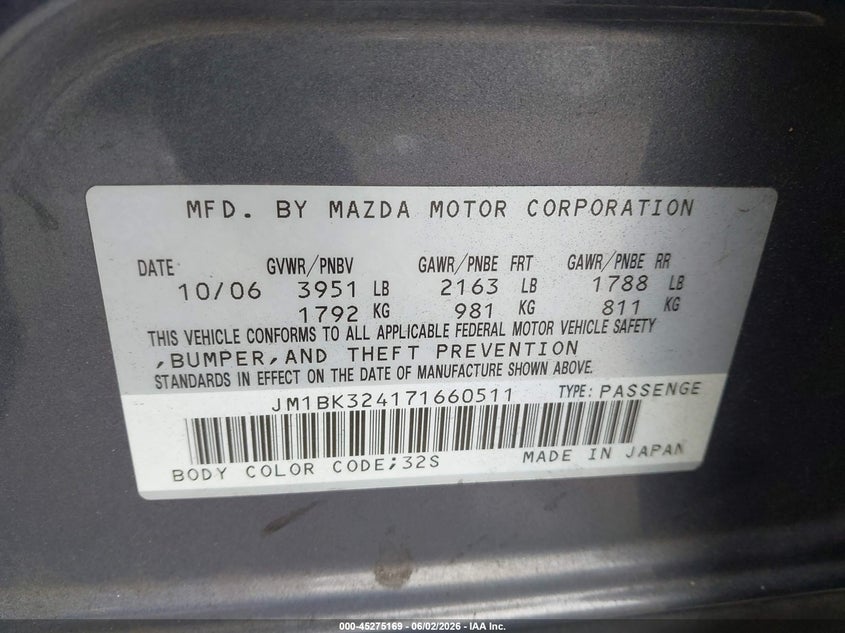 2007 Mazda 3 VIN JM1BK324171660511 IAAI salvage auction — REAR END, Salvage (California), sold $400 on 2026-07-30 (photo 9)