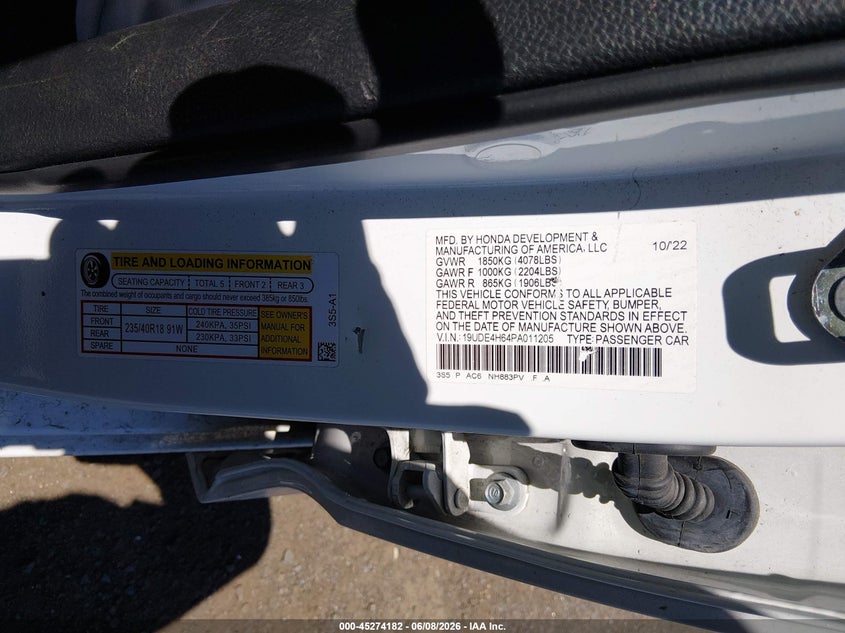 2023 Acura Integra VIN 19UDE4H64PA011205 IAAI salvage auction — FRONT END, Salvage Title, sold $4,600 on 2026-07-24 (photo 9)