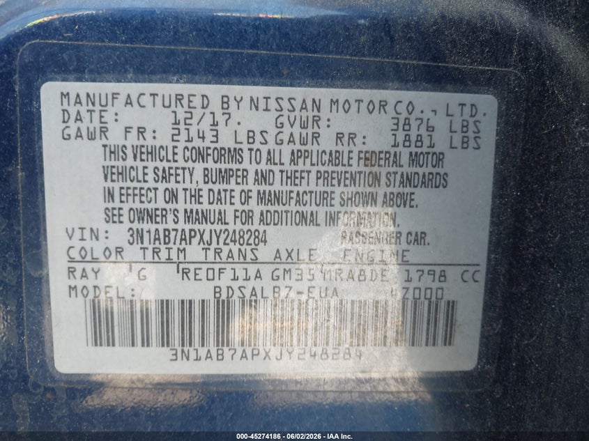 2018 Nissan Sentra VIN 3N1AB7APXJY248284 IAAI salvage auction — ROOF, Salvage (Georgia), sold $1,000 on 2026-07-23 (photo 9)